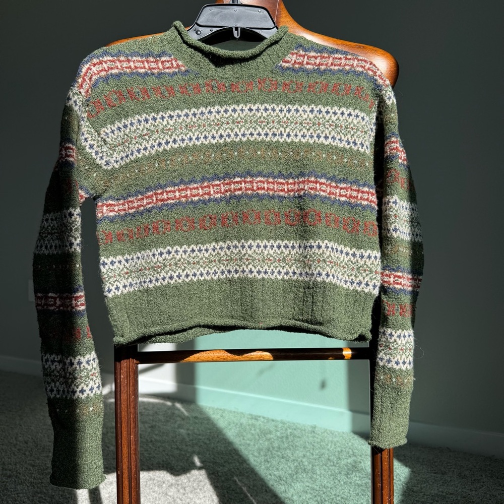 Vintage Fair Isle Roll Neck Turtleneck Wool Alpaca Cropped Sweater
